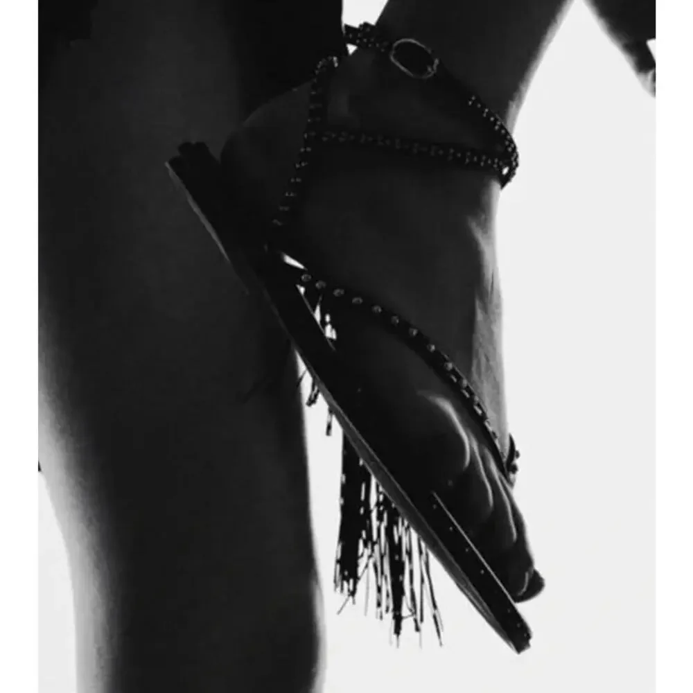 ZARA Studded Flat Wrap Sandals Silver Black Leather Women's 41/US 10 - Picture 7 of 8